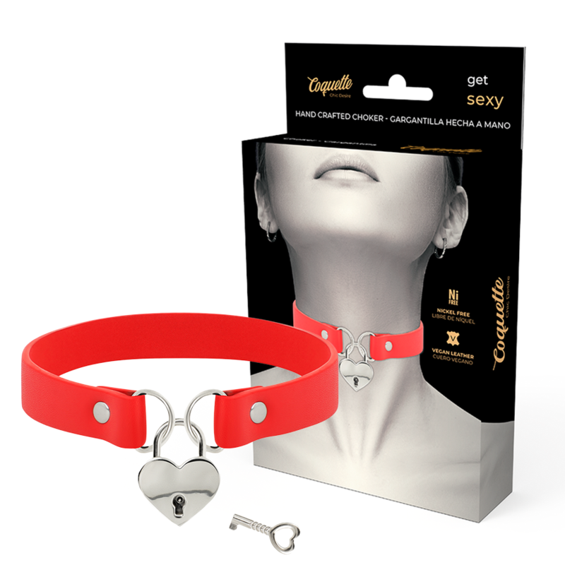 COQUETTE - CHIC DESIRE COLLIER EN CUIR VEGAN ROUGE AVEC ACCESSOIRE COEUR AVEC CL?