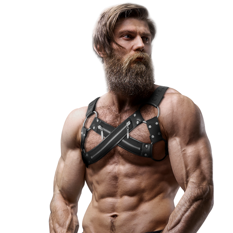 FETISH SUBMISSIVE ATTITUDE - HARNAIS DE POITRINE CROISÉ EN NÉOPRÈNE RÉGLABLE AVEC FERMETURES  GLISSIÈRE POUR HOMMES