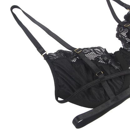 SUBBLIME - LOT 3 PIÈCES SOUTIEN-GORGE + STRING + JARRETIÈRE DENTELLE NOIR L/XL