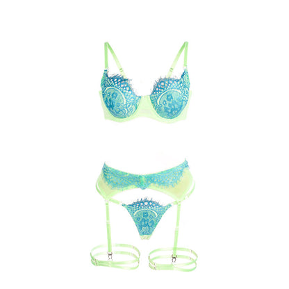 SUBBLIME - 955311 ENSEMBLE SOUTIEN-GORGE AVEC LIGNES DENTELLE ET JARRETELLE VERT ET BLEU S/M