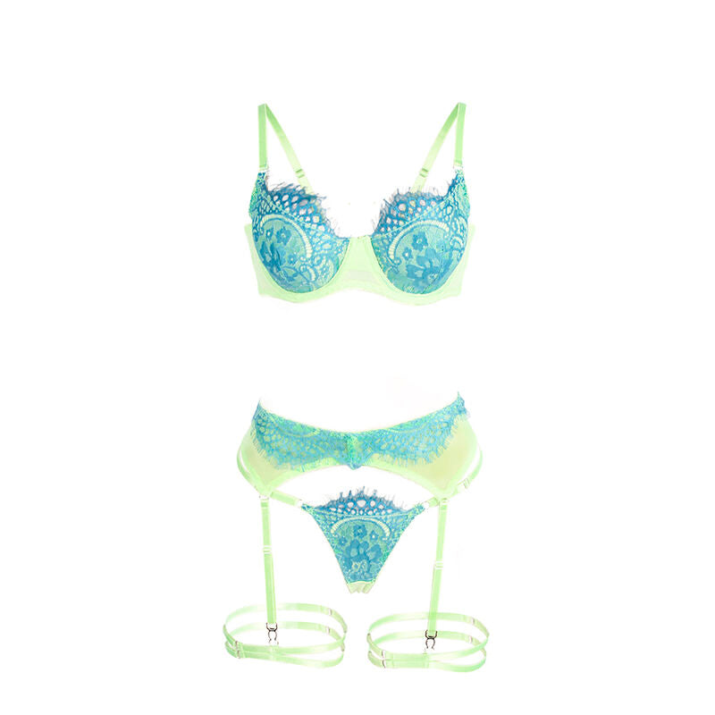 SUBBLIME - 955328 ENSEMBLE SOUTIEN-GORGE AVEC LIGNES DENTELLE ET JARRETELLE VERT ET BLEU L/XL