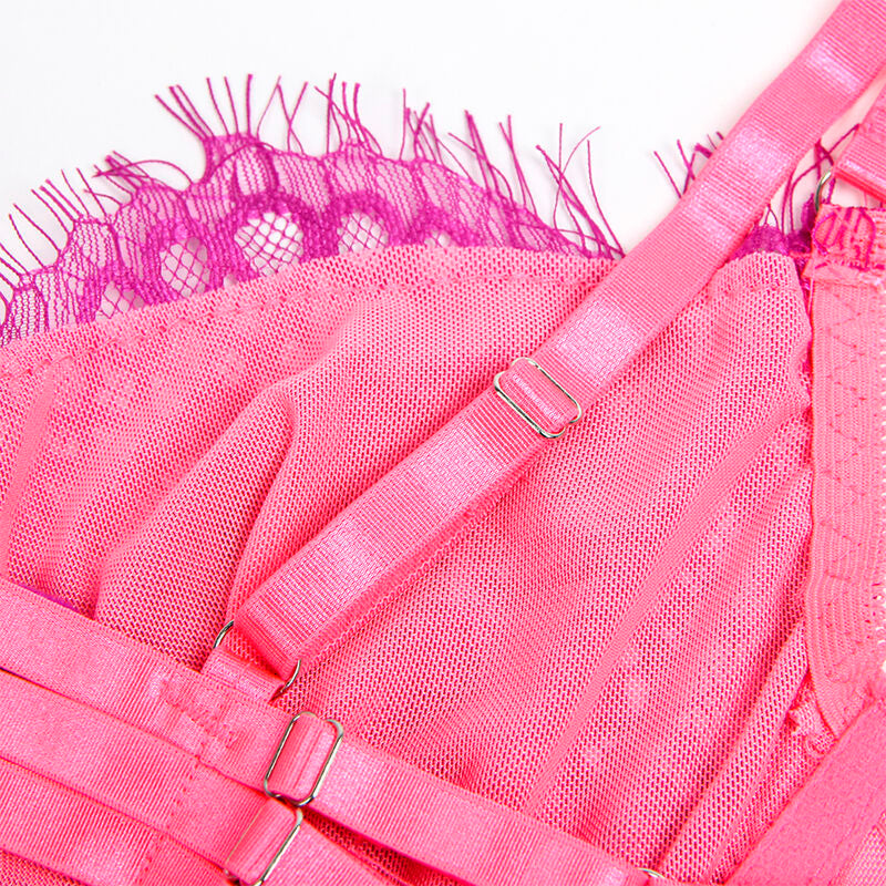 SUBBLIME - 955359 ENSEMBLE SOUTIEN-GORGE AVEC DENTELLE ET LIENS JARRETELLES ROSE ET VIOLET S/M