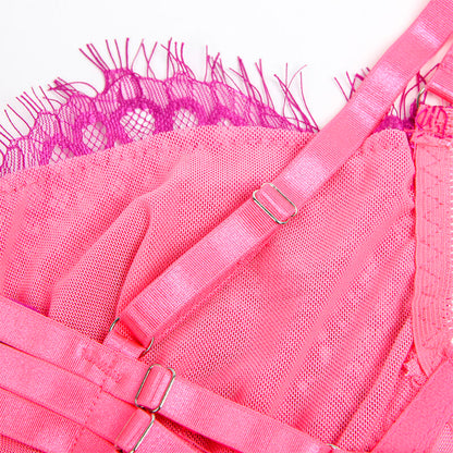 SUBBLIME - 955366 ENSEMBLE SOUTIEN-GORGE AVEC LIGNES DE DENTELLE ET JARRETELLES ROSE ET VIOLET L/XL