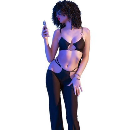 CHILIROSE - CR 4851 ENSEMBLE TOP ET LEGGINGS NOIRS AVEC ACCESSOIRES DORÉS L