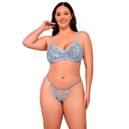 SUBBLIME - 957636 ENSEMBLE SOUTIEN-GORGE ET CULOTTE BRODÉS DE FLEURS BLEU CIEL L/XL
