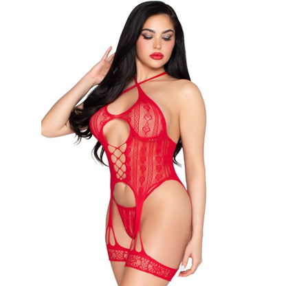 LEG AVENUE - 89338 BODY OUVERT EN DENTELLE AVEC PORTE-JARRETELLES + STRING ROUGE - TAILLE UNIQUE
